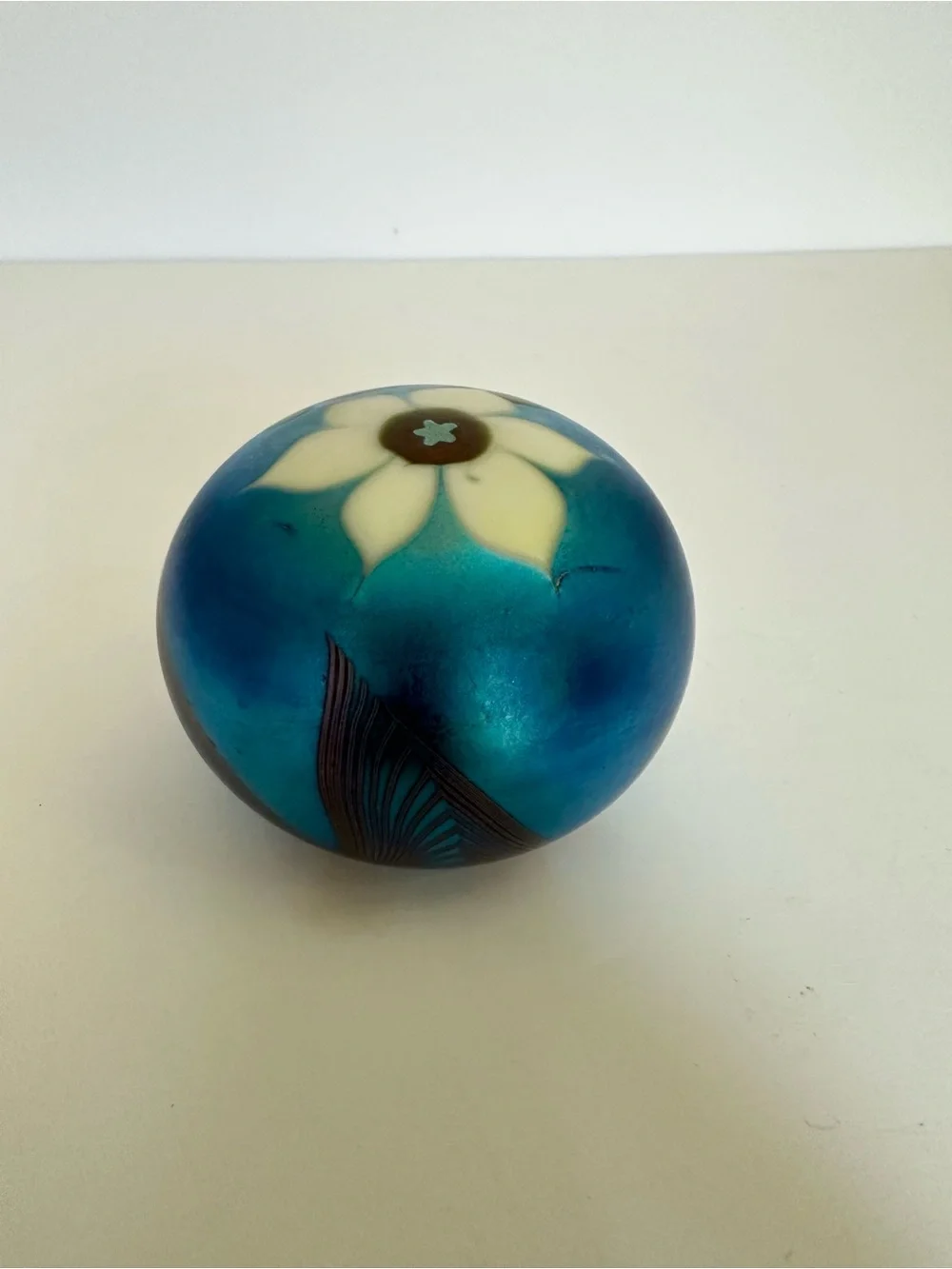 Vintage Orient & Flume Glass Blue & White Flower Iridescent Paperweight-1977